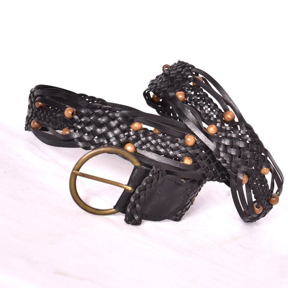 Women's Black with Brown Beads Braided Belt - Picture 1 of 8